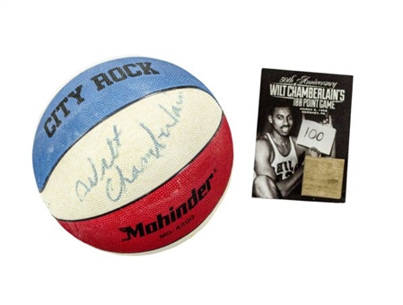 Wilt Chamberlain Single-Signed Basketball & 76ers Stadium Giveaway Piece of Floor From 100 Point Game